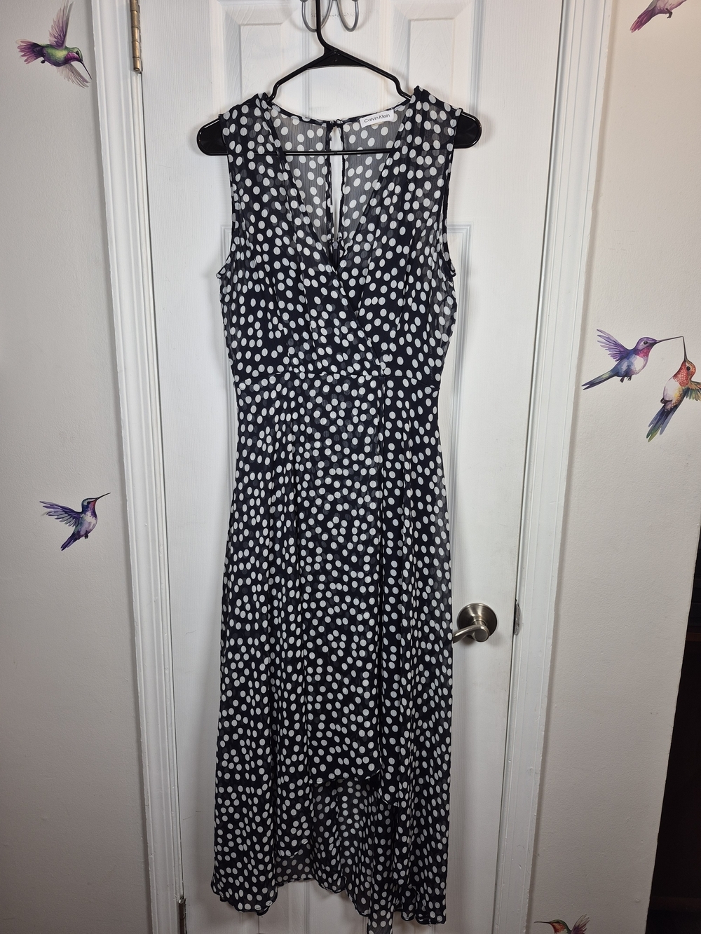 Calvin Klein Navy Blue White Polka Dot Chiffon Maxi Wrap Dress Size 8